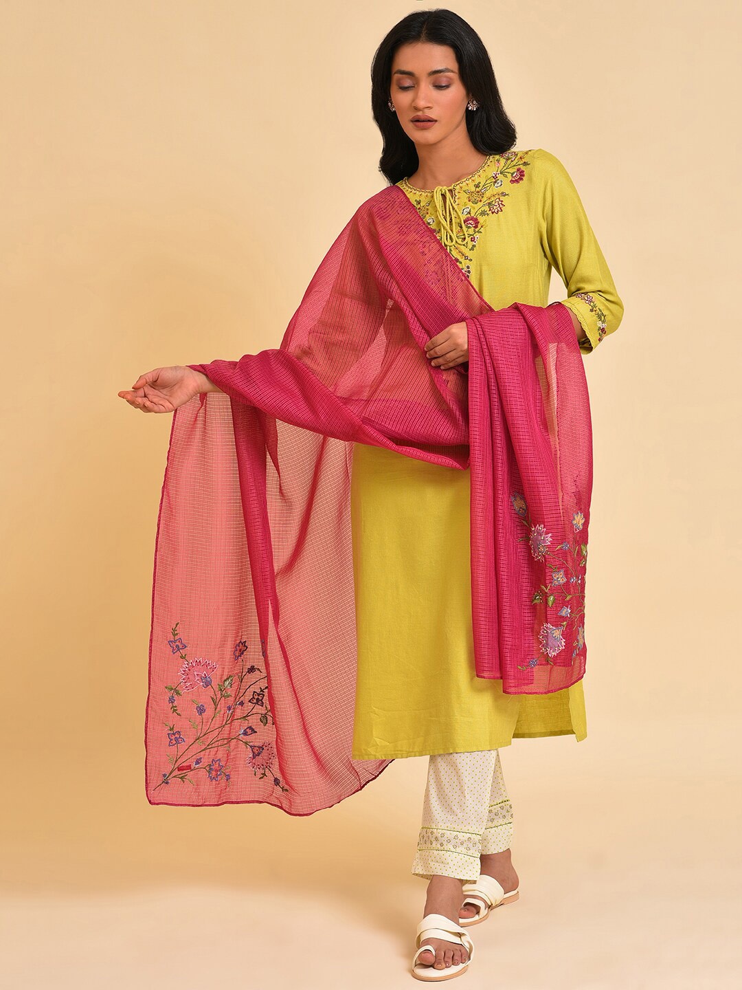 

W Mustard Yellow & Pink Embroidered Beads & Stones Kurta with Trousers & Dupatta