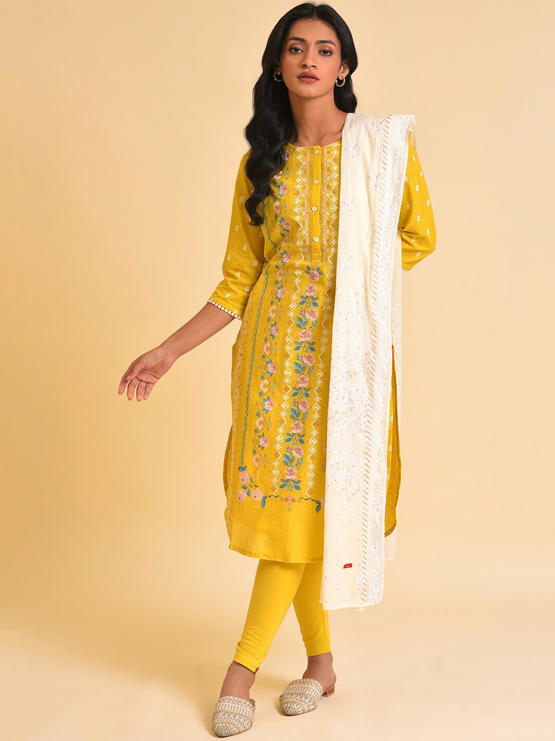 

W Mustard Yellow & White Floral Printed Pure Cotton Kurta With Leggings & Dupatta