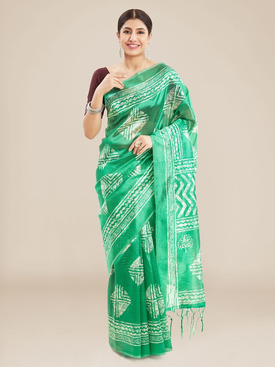 

Kalyan Silks Batik Printed Mysore Silk Saree, Green