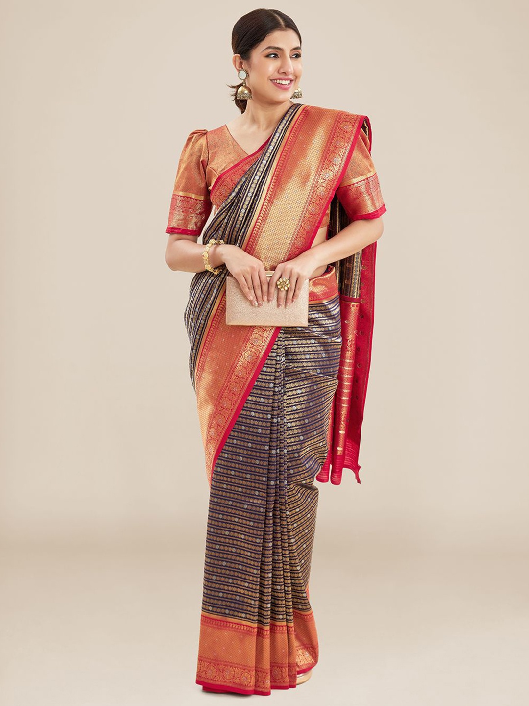 

Kalyan Silks Ethnic Motif Woven Design Zari Banarasi Saree, Navy blue