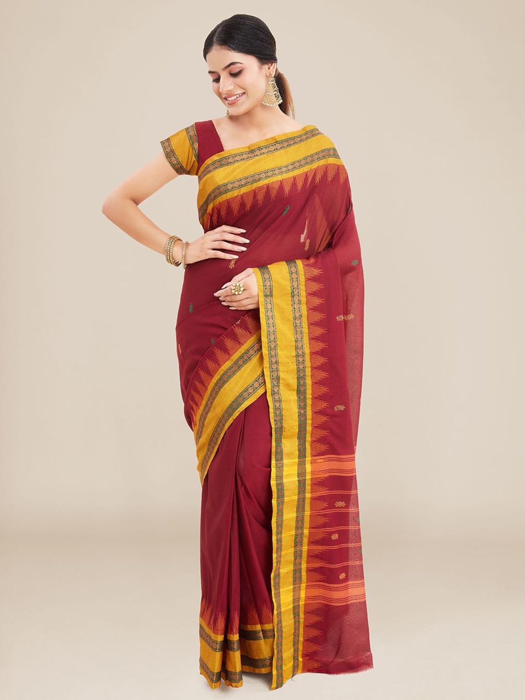 

Kalyan Silks Ethnic Motifs Woven Design Border Saree, Maroon