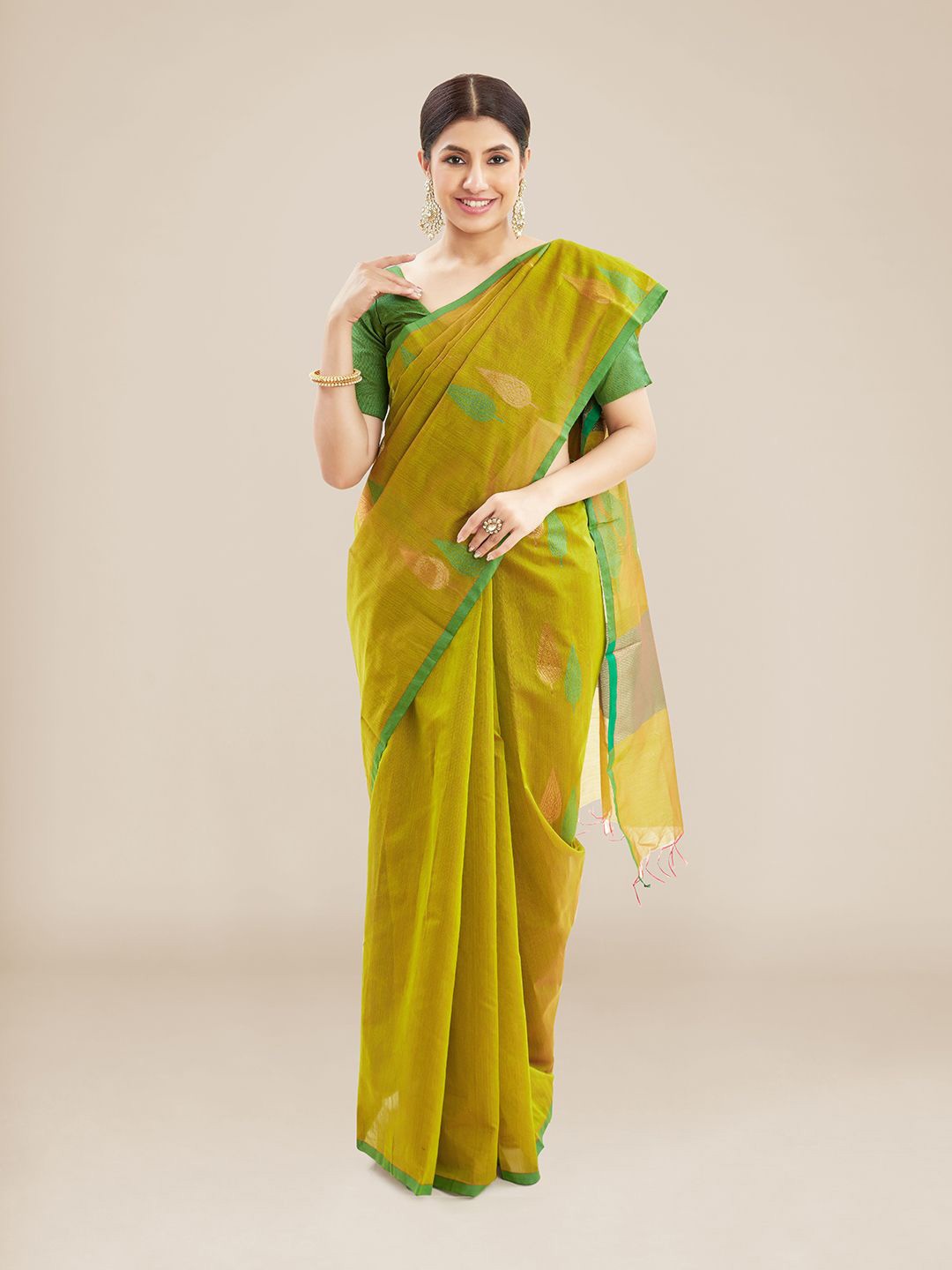 

Kalyan Silks Ethnic Motif Woven Design Silk Cotton Saree, Green