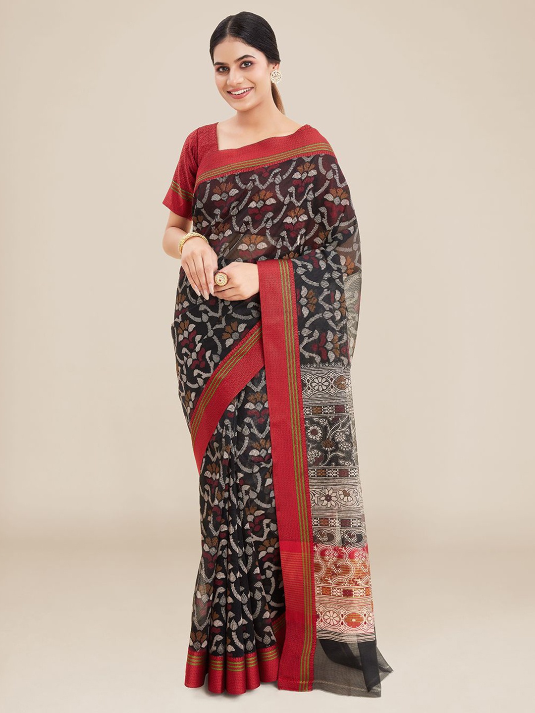 

Kalyan Silks Floral Woven Design Saree, Black