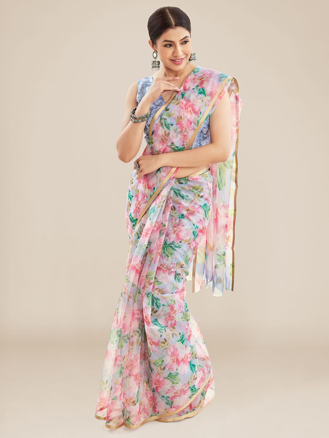

Kalyan Silks Floral Printed Zari Organza Saree, Pink