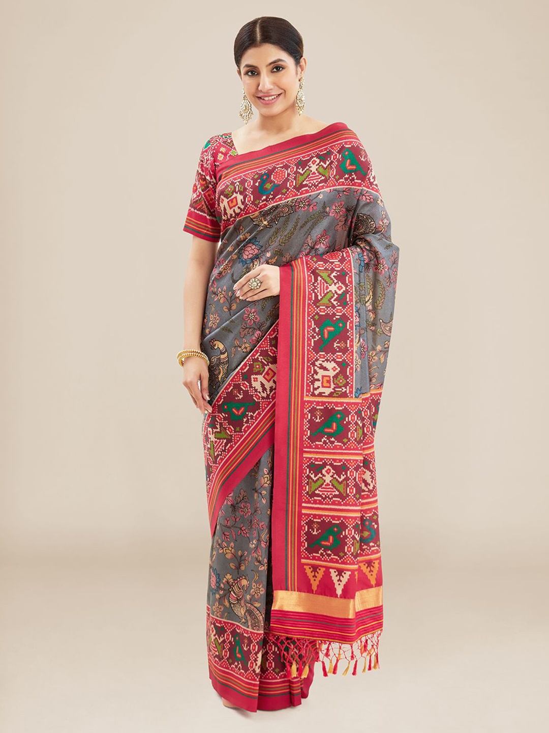 

Kalyan Silks Floral Printed Zari Banarasi Saree, Grey