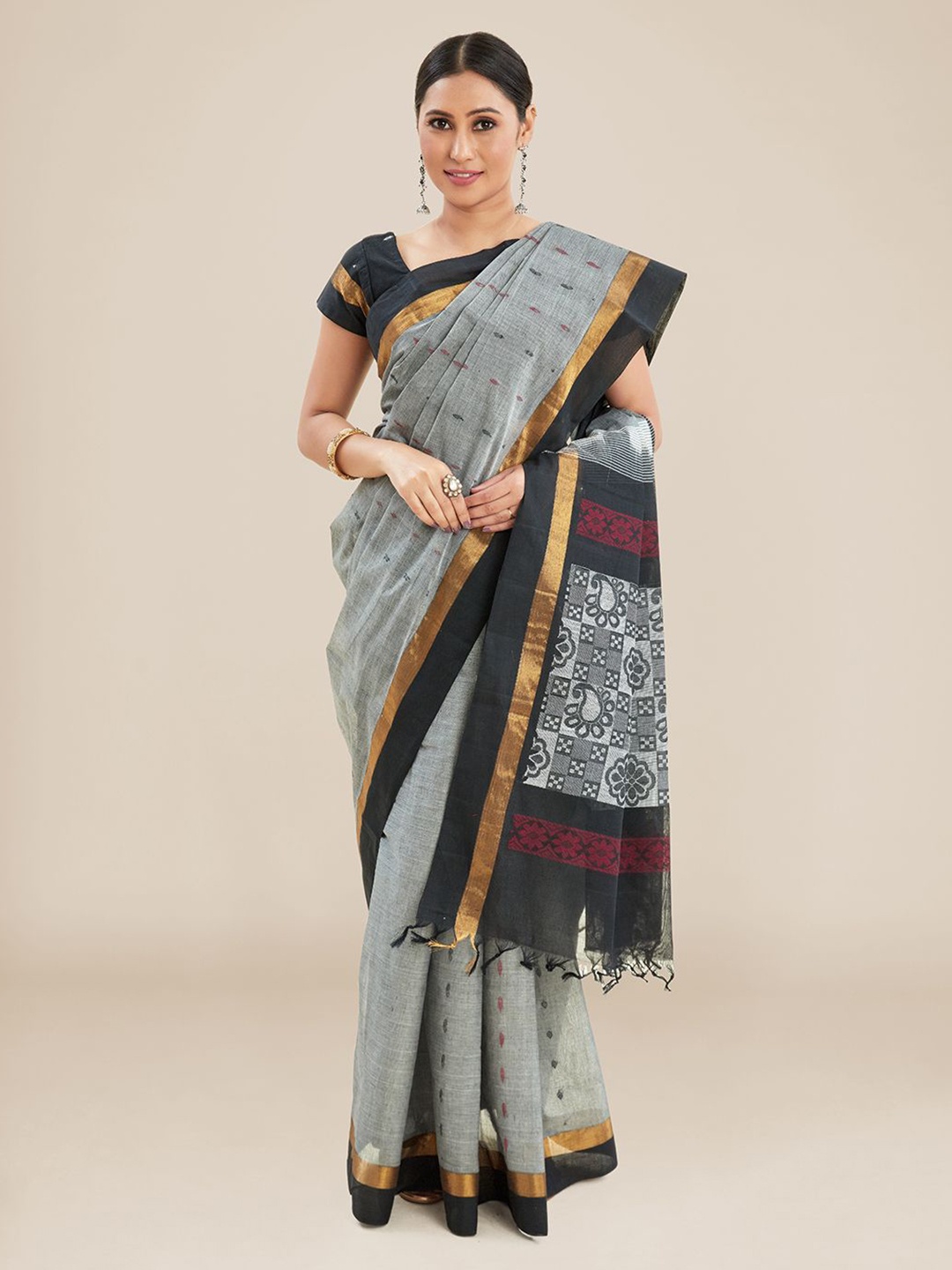 

Kalyan Silks Ethnic Motif Woven Design Pure Cotton Saree, Grey