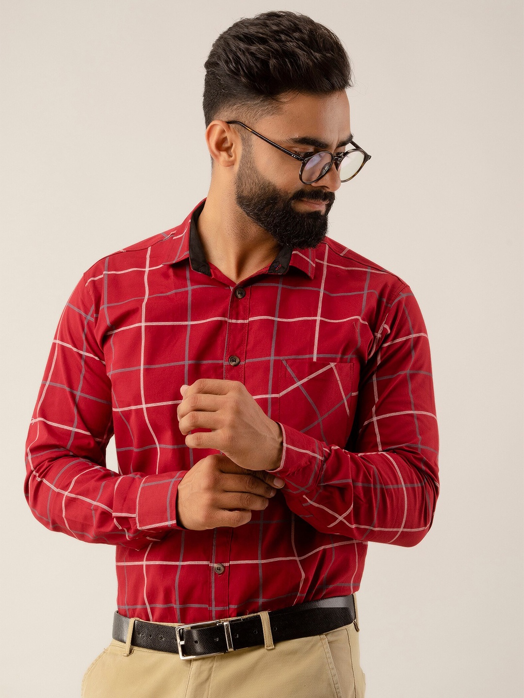 

SURHI Smart Fit Windowpane Checked Formal Shirt, Red
