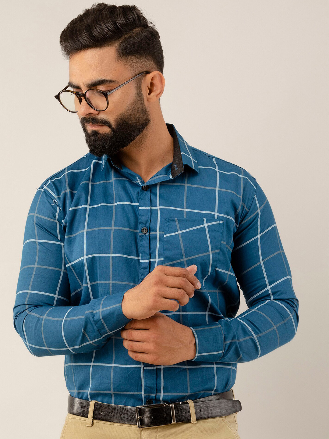 

SURHI Smart Fit Windowpane Checked Formal Shirt, Teal