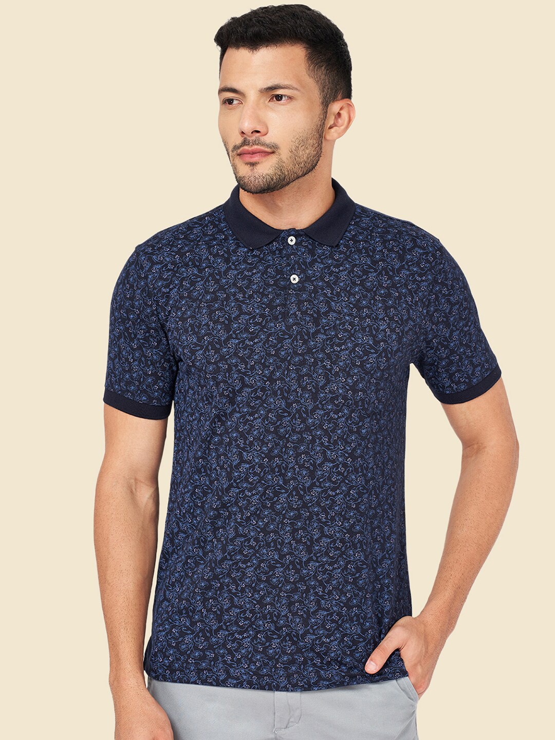 

BYFORD by Pantaloons Floral Printed Polo Collar Slim Fit T-shirt, Navy blue