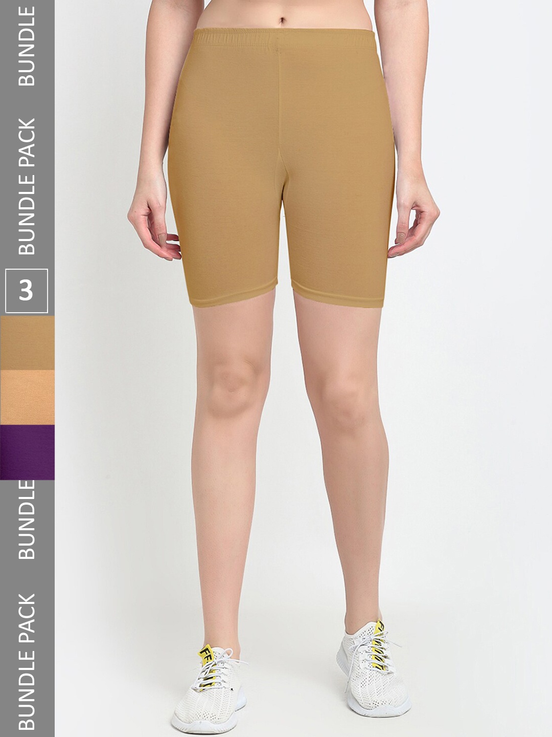 

Jinfo Women Pack Of 3 Mid-Rise Sports Shorts, Beige