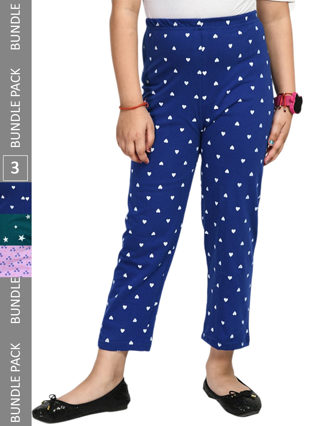 

IndiWeaves Kids Girls Pack of 3 Printed Cotton Lounge Pants, Blue
