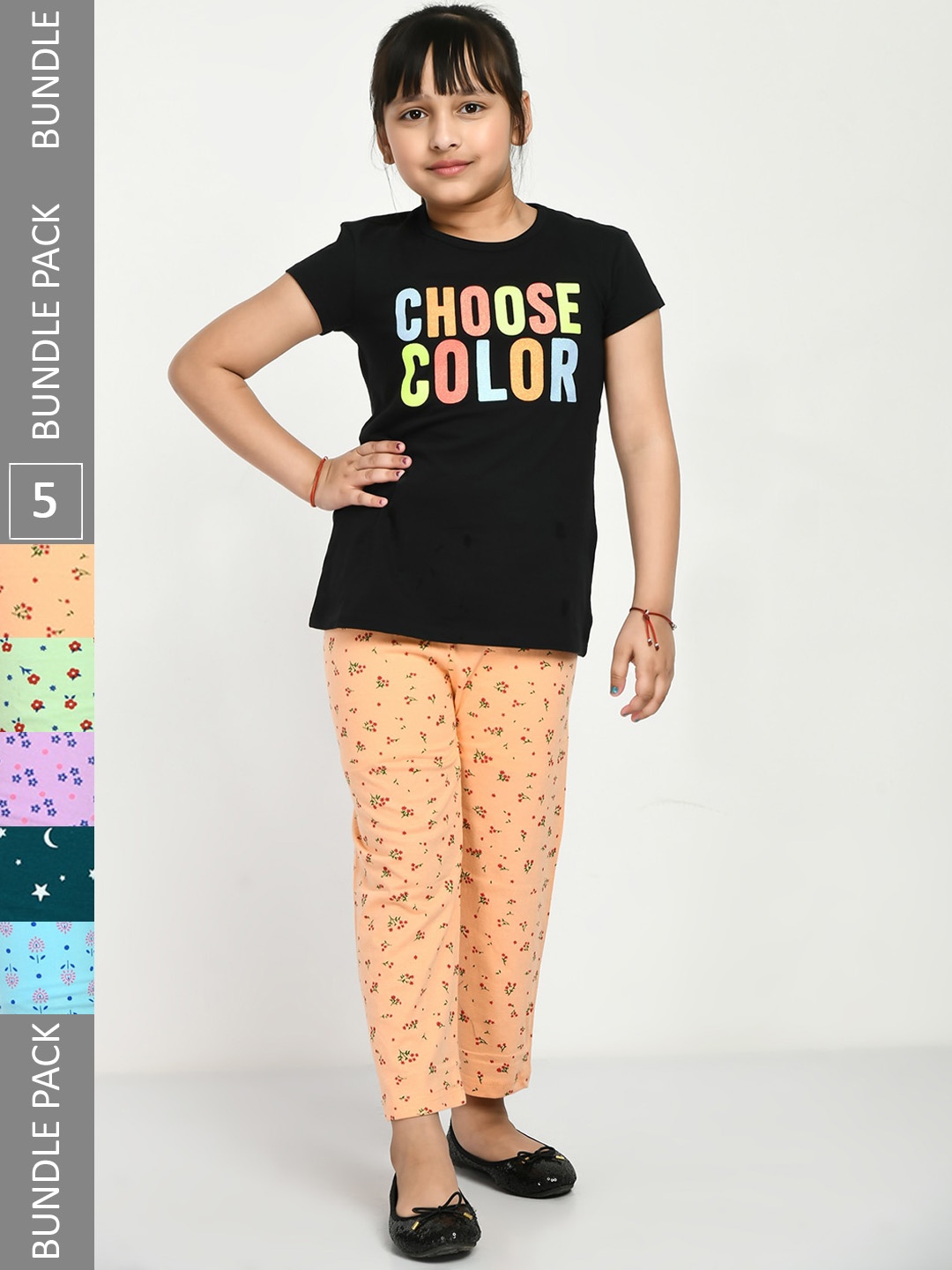 

IndiWeaves Kids Girls Pack of 5 Pure Cotton Printed Lounge Pants, Peach