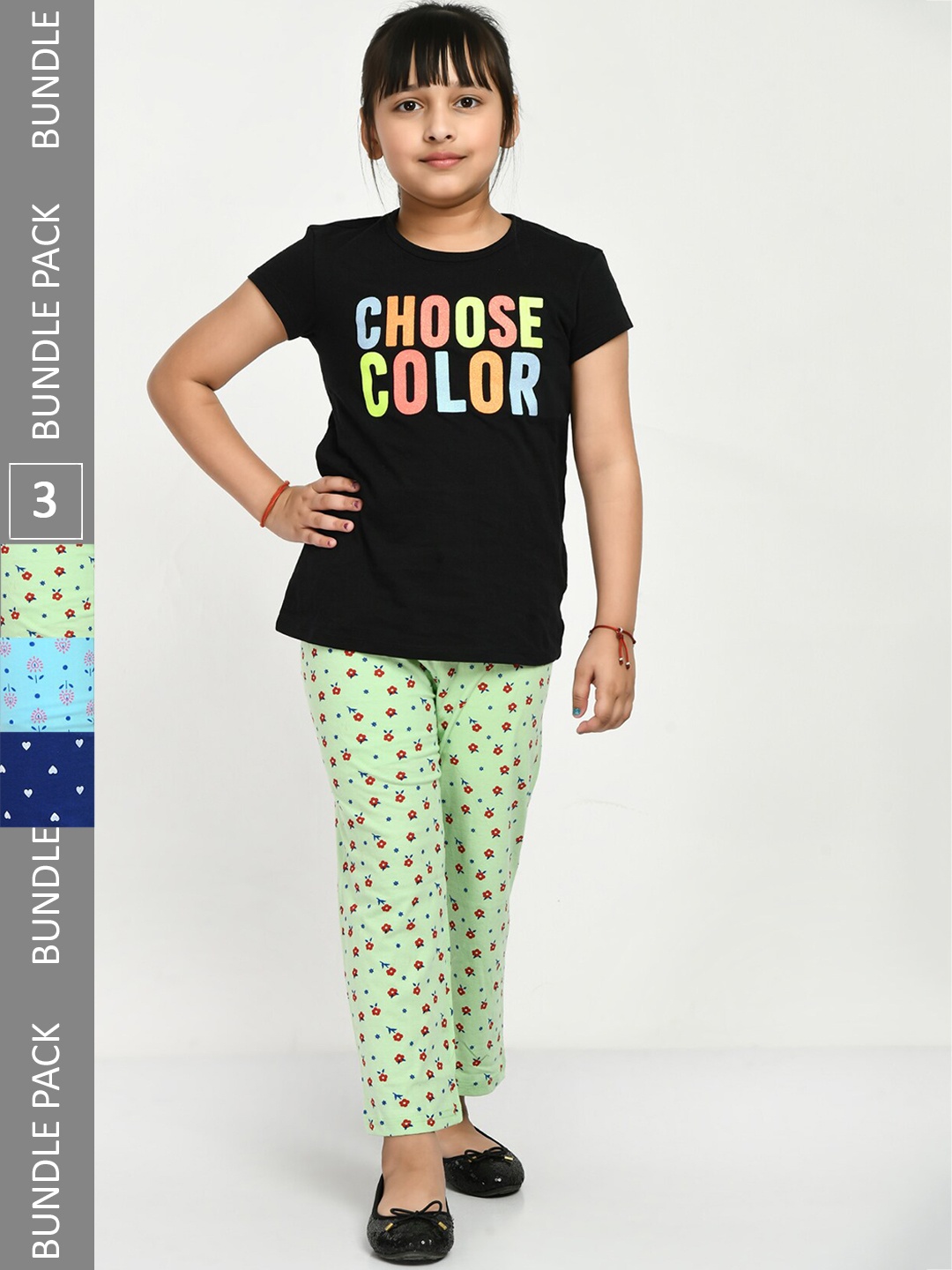 

IndiWeaves Girls Pack Of 3 Printed Pure Cotton Pyjamas, Navy blue