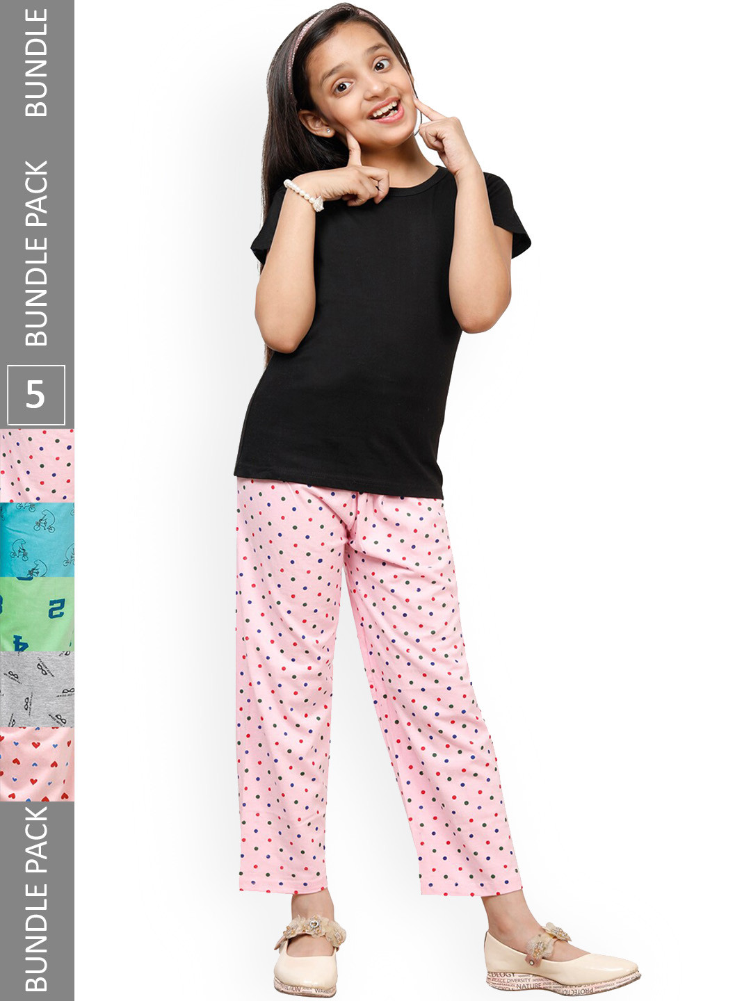 

IndiWeaves Kids Girls Pack of 5 Printed Cotton Lounge Pants, Pink