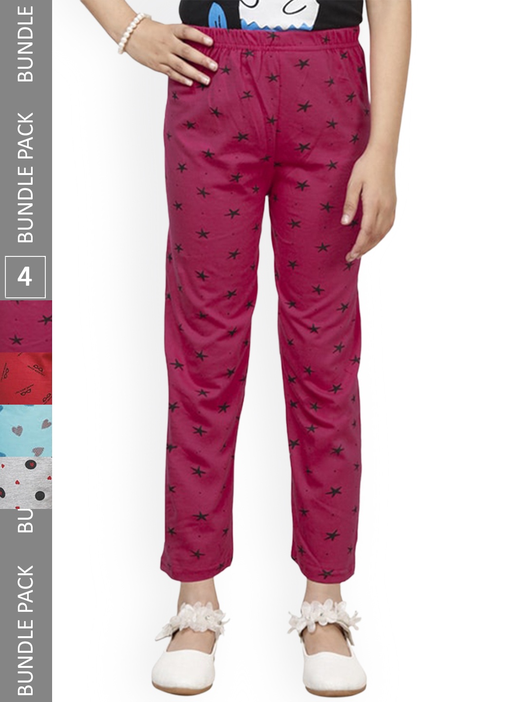 

IndiWeaves Girls Pack of 4 Cotton Printed Lounge Pants, Maroon