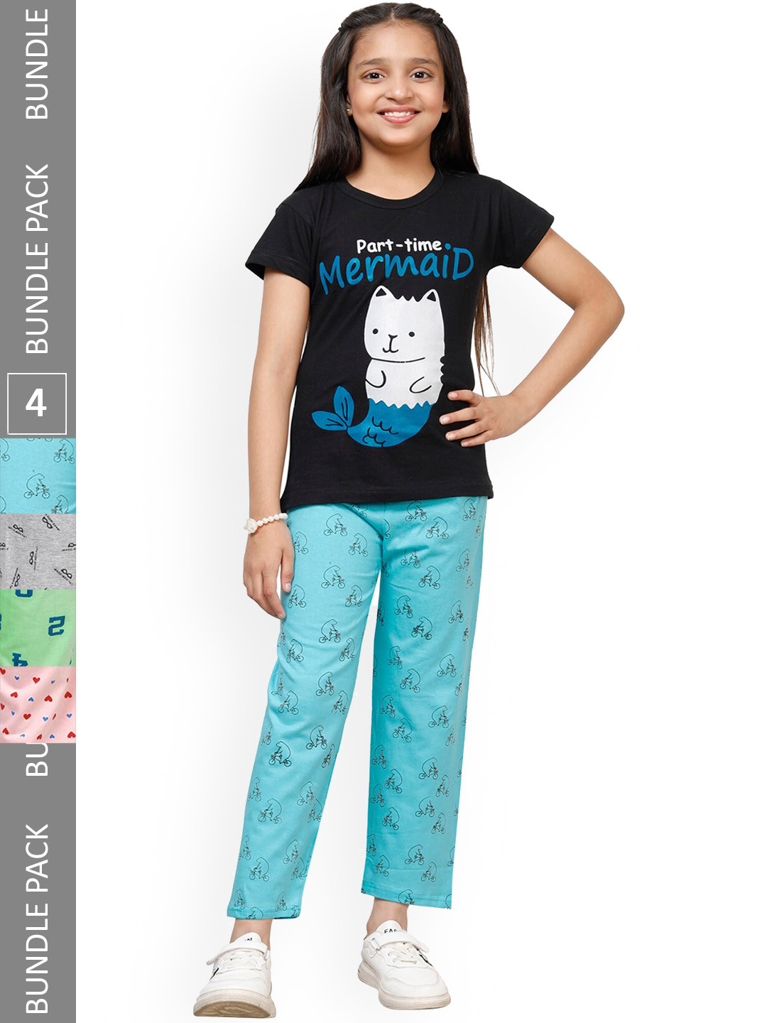 

IndiWeaves Girls Pack Of 4 Printed Pure Cotton Pyjamas, Pink