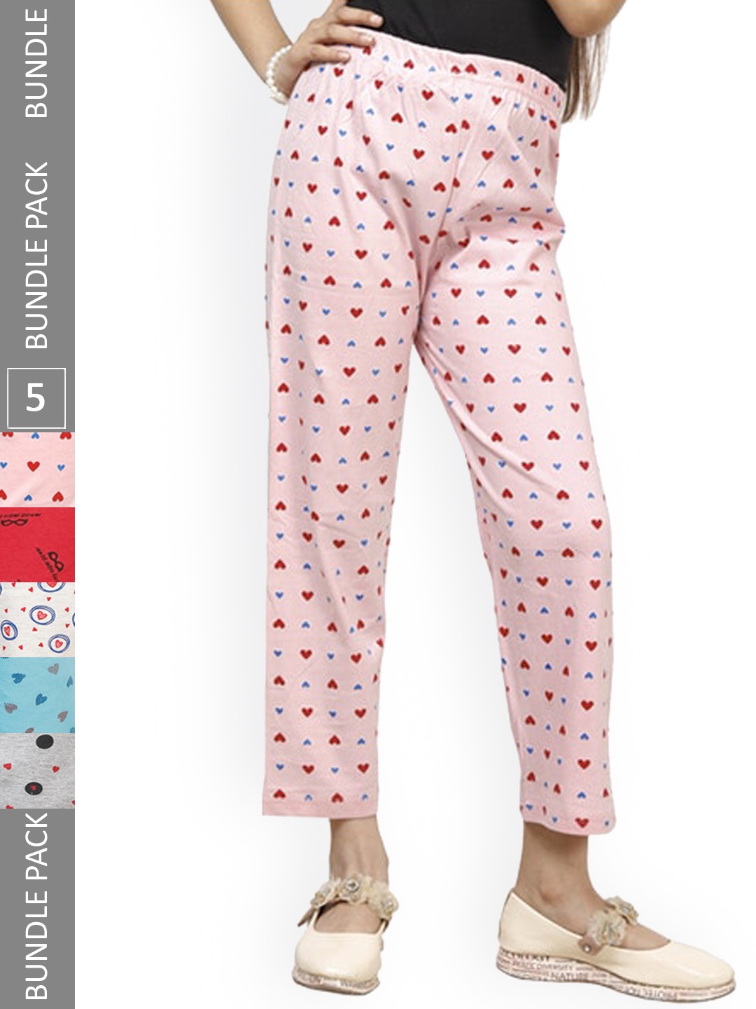 

IndiWeaves Kids Girls Pack of 5 Printed Cotton Lounge Pants, Pink