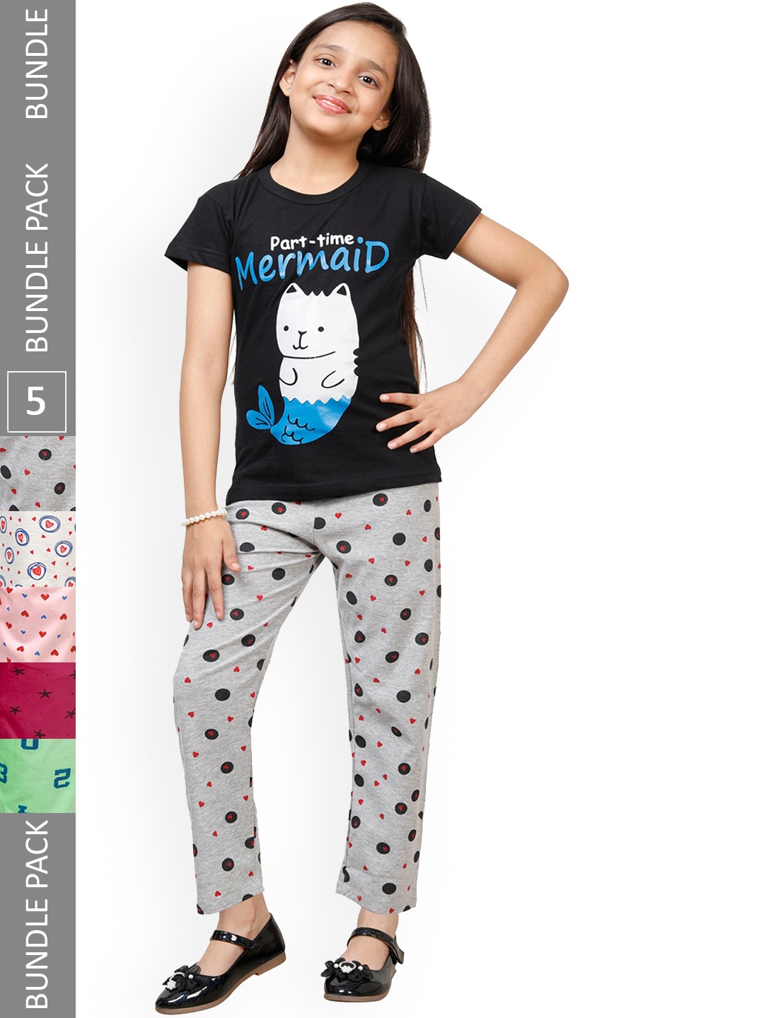 

IndiWeaves Girls Pack Of 5 Cotton Printed Lounge Pants, Grey