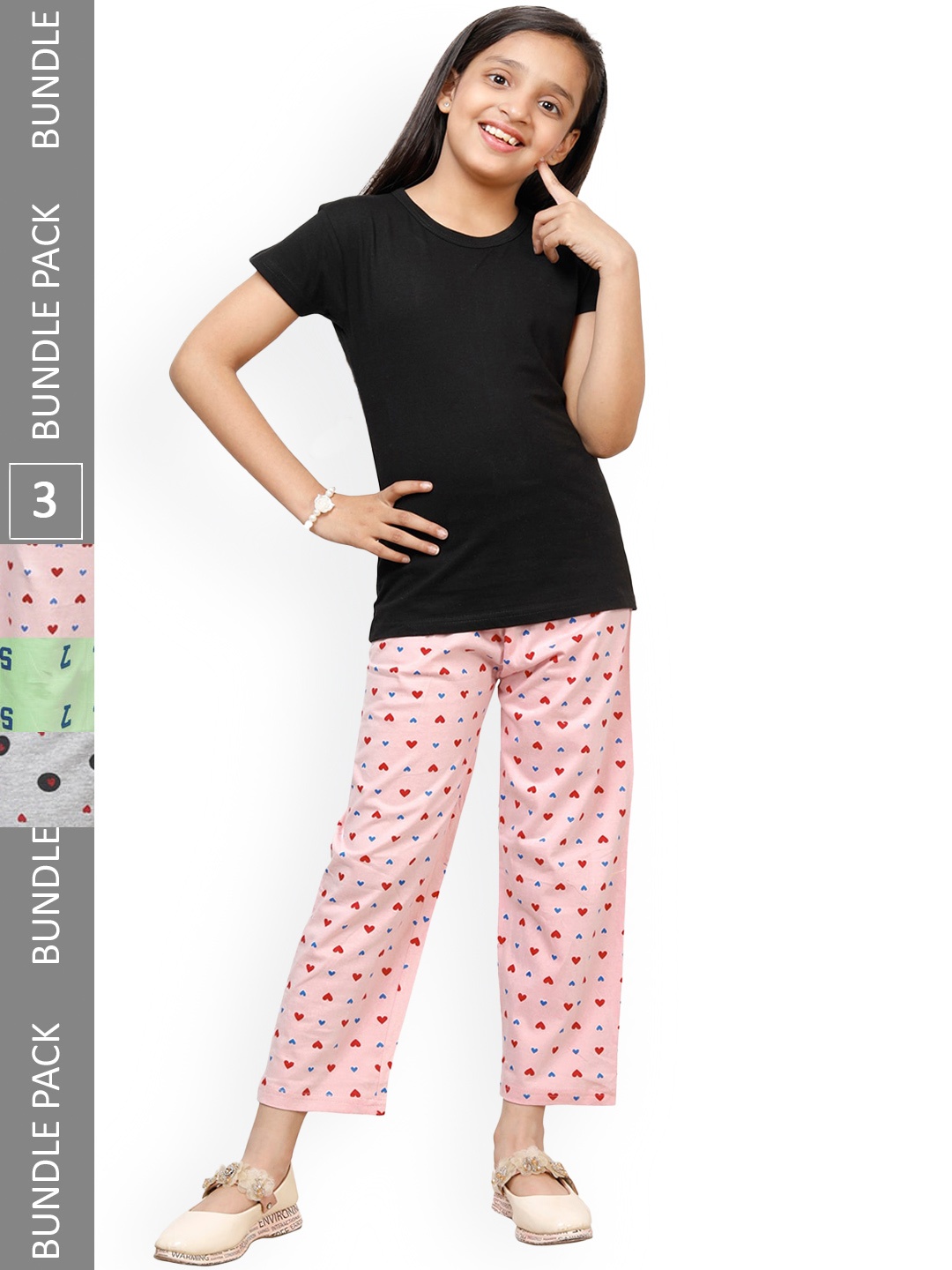 

IndiWeaves Girls Pack Of 3 Printed Pure Cotton Pyjamas, Grey