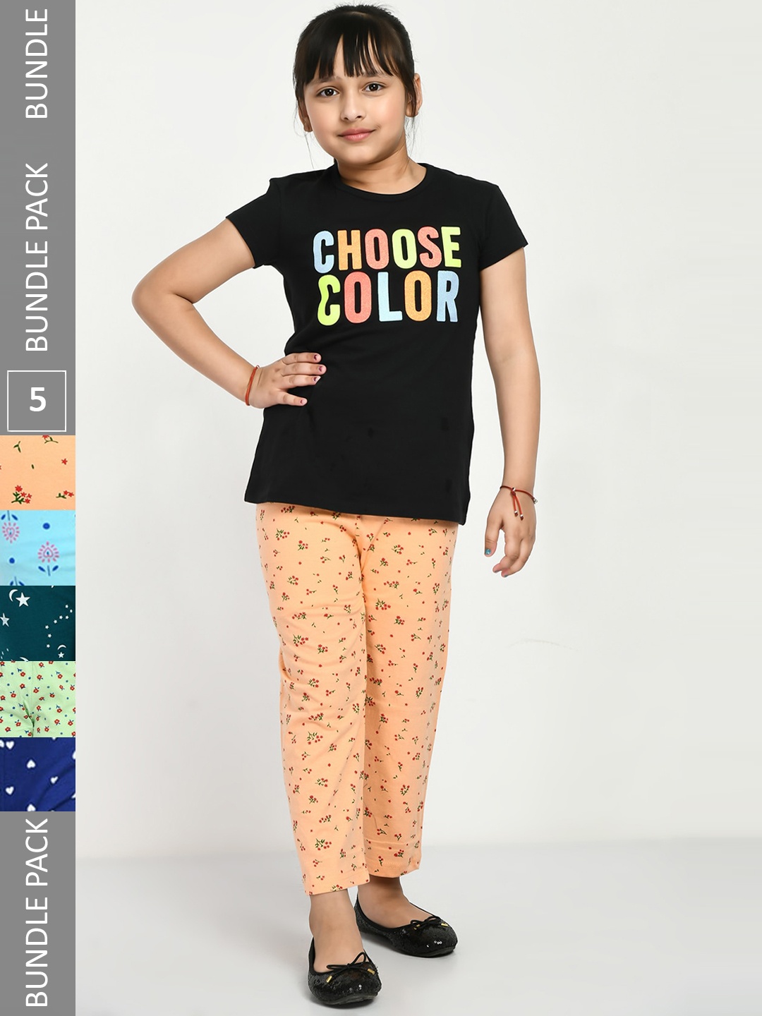 

IndiWeaves Kids Girls Pack of 5 Pure Cotton Printed Lounge Pants, Peach