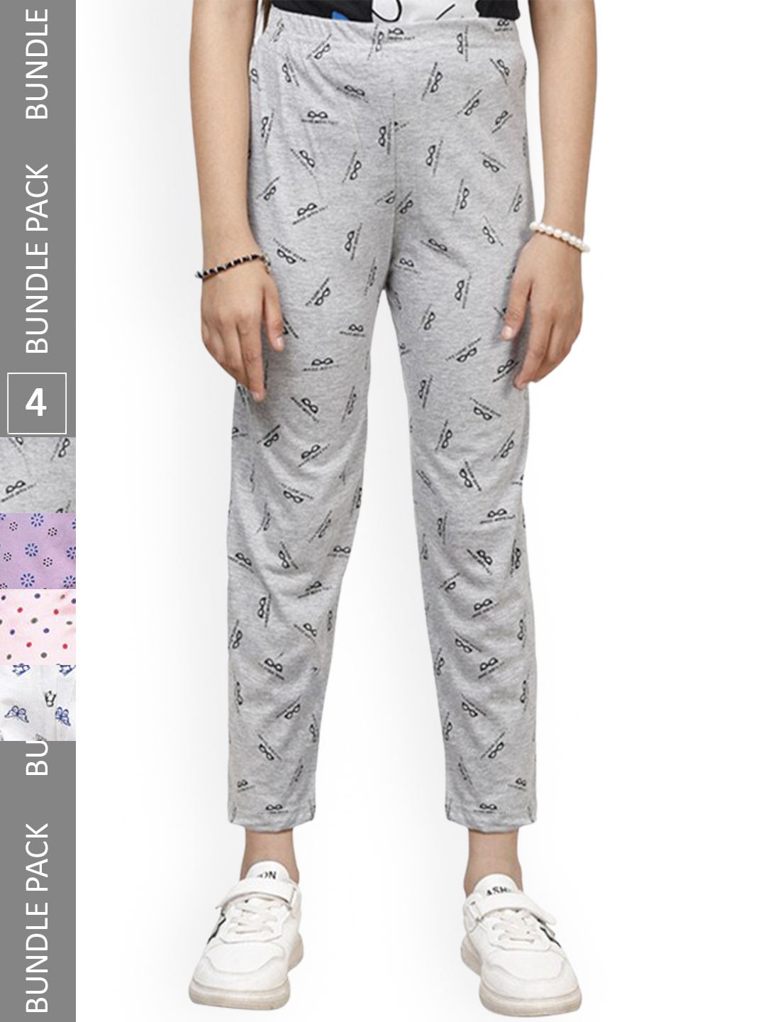

IndiWeaves Girls Pack Of 4 Printed Pure Cotton Pyjamas, Grey