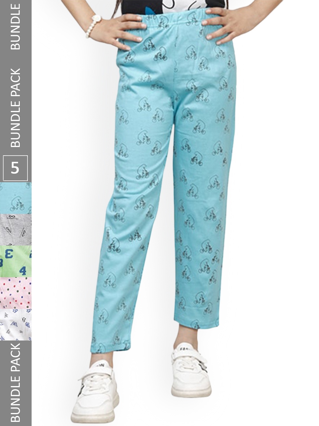 

IndiWeaves Girls Pack of 5 Cotton Printed Lounge Pants, Blue