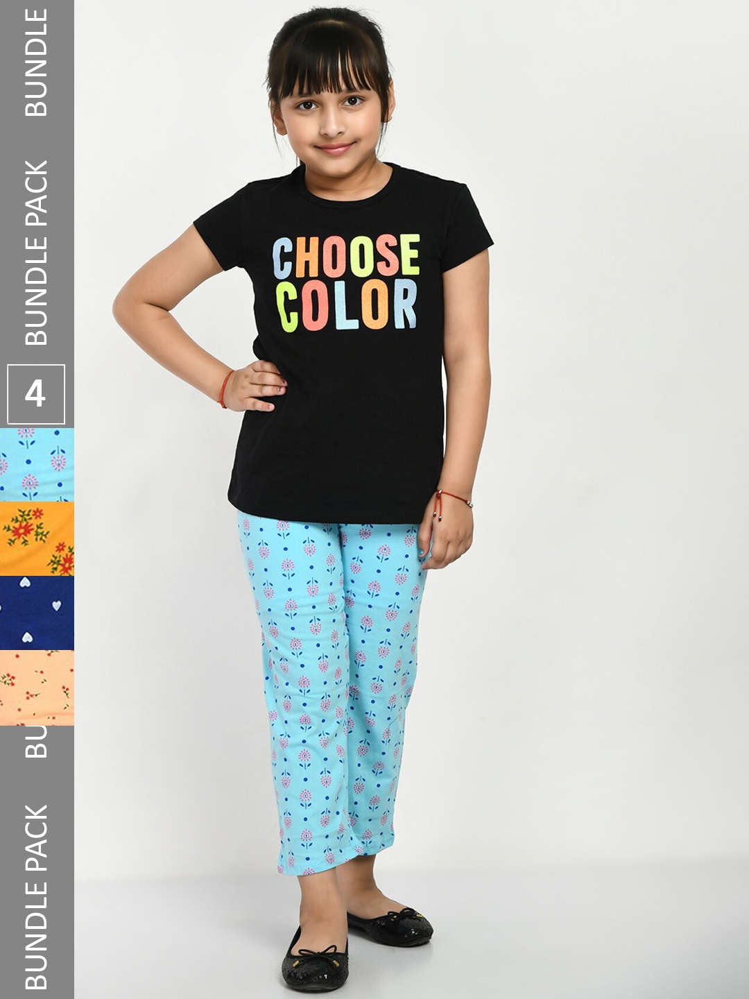 

IndiWeaves Kids Girls Pack of 4 Pure Cotton Printed Lounge Pants, Blue