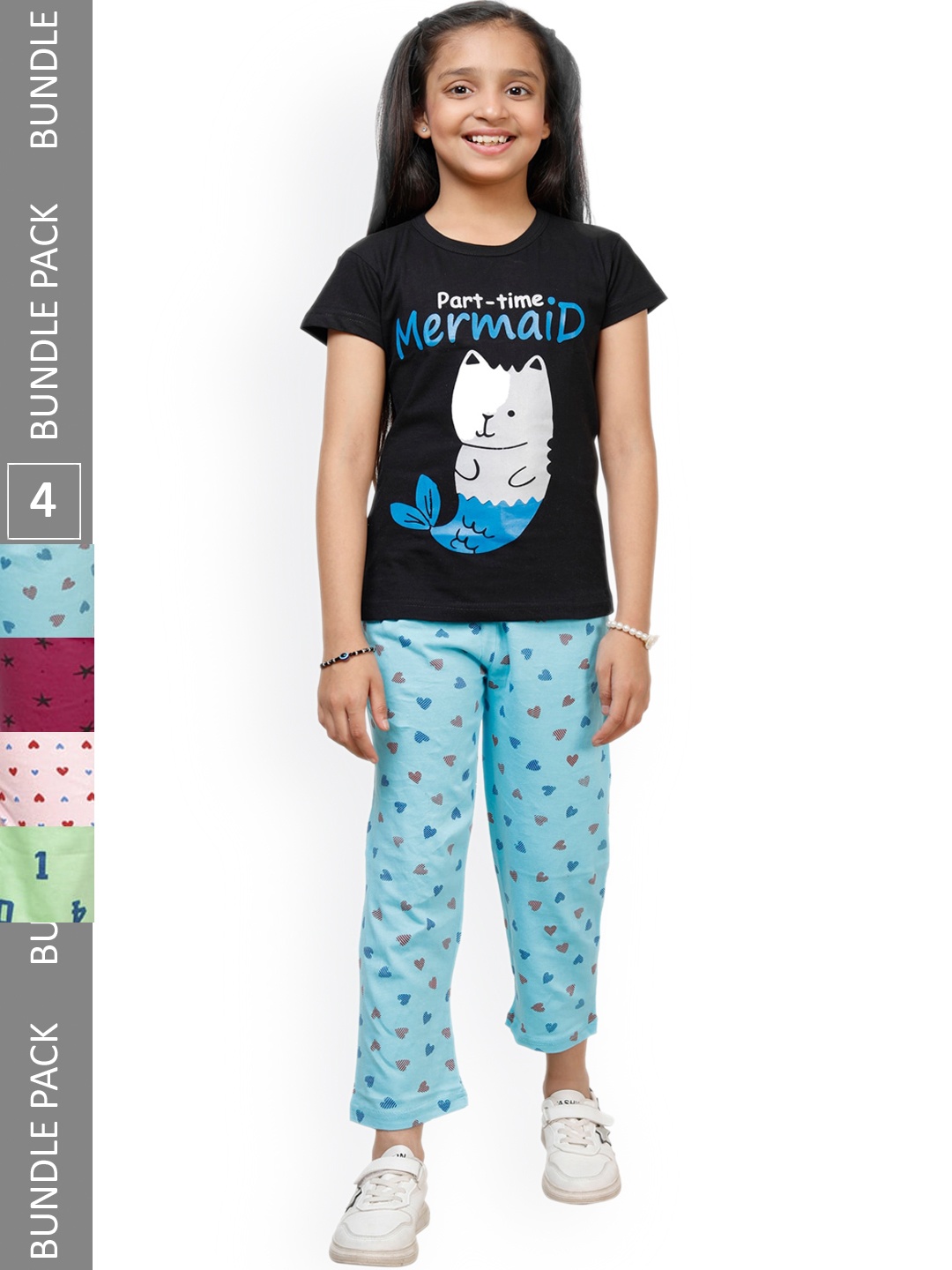 

IndiWeaves Girls Pack Of 4 Printed Pure Cotton Trousers, Blue