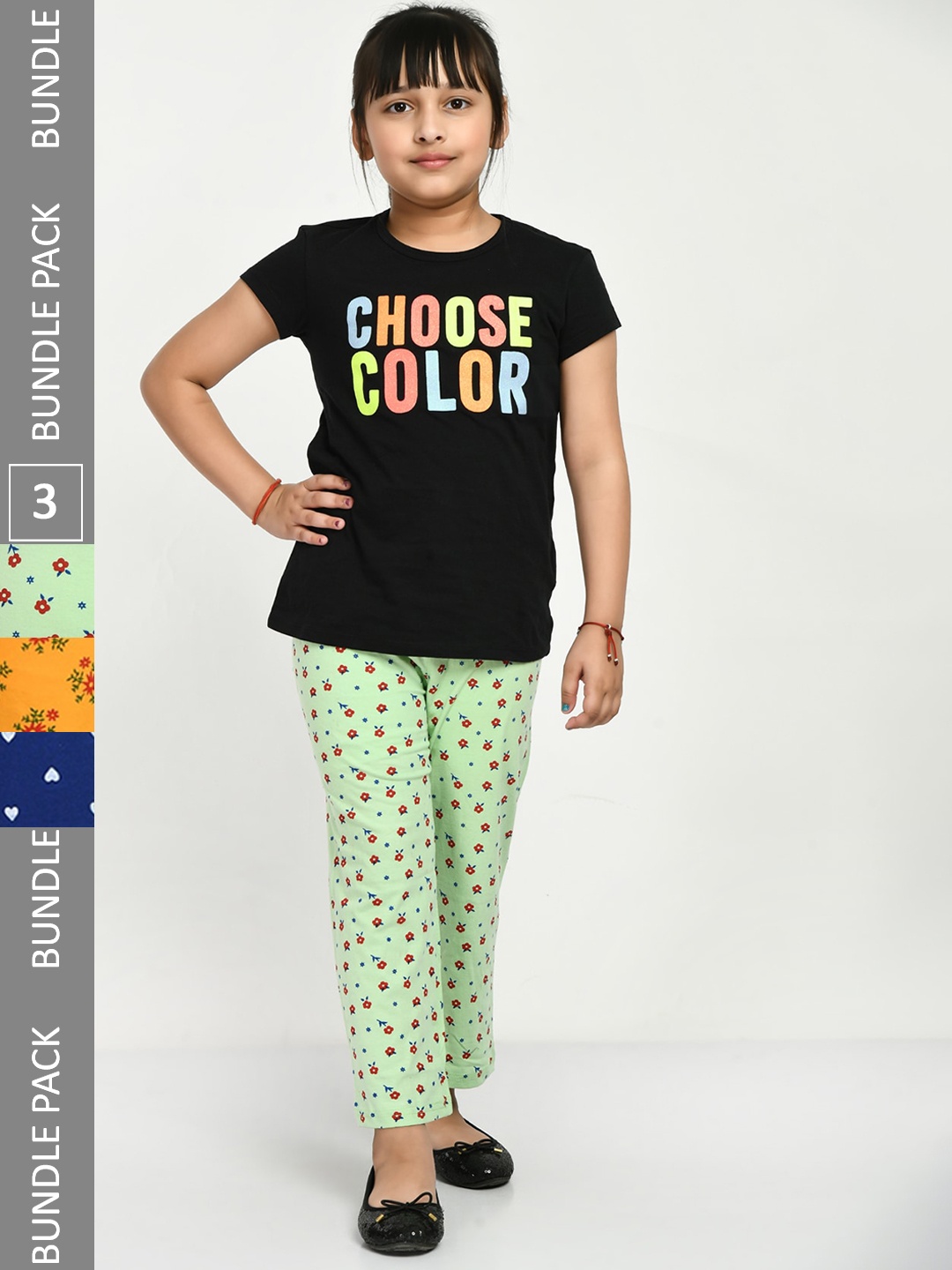 

IndiWeaves Kids Girls Pack of 3 Printed Cotton Lounge Pants, Green