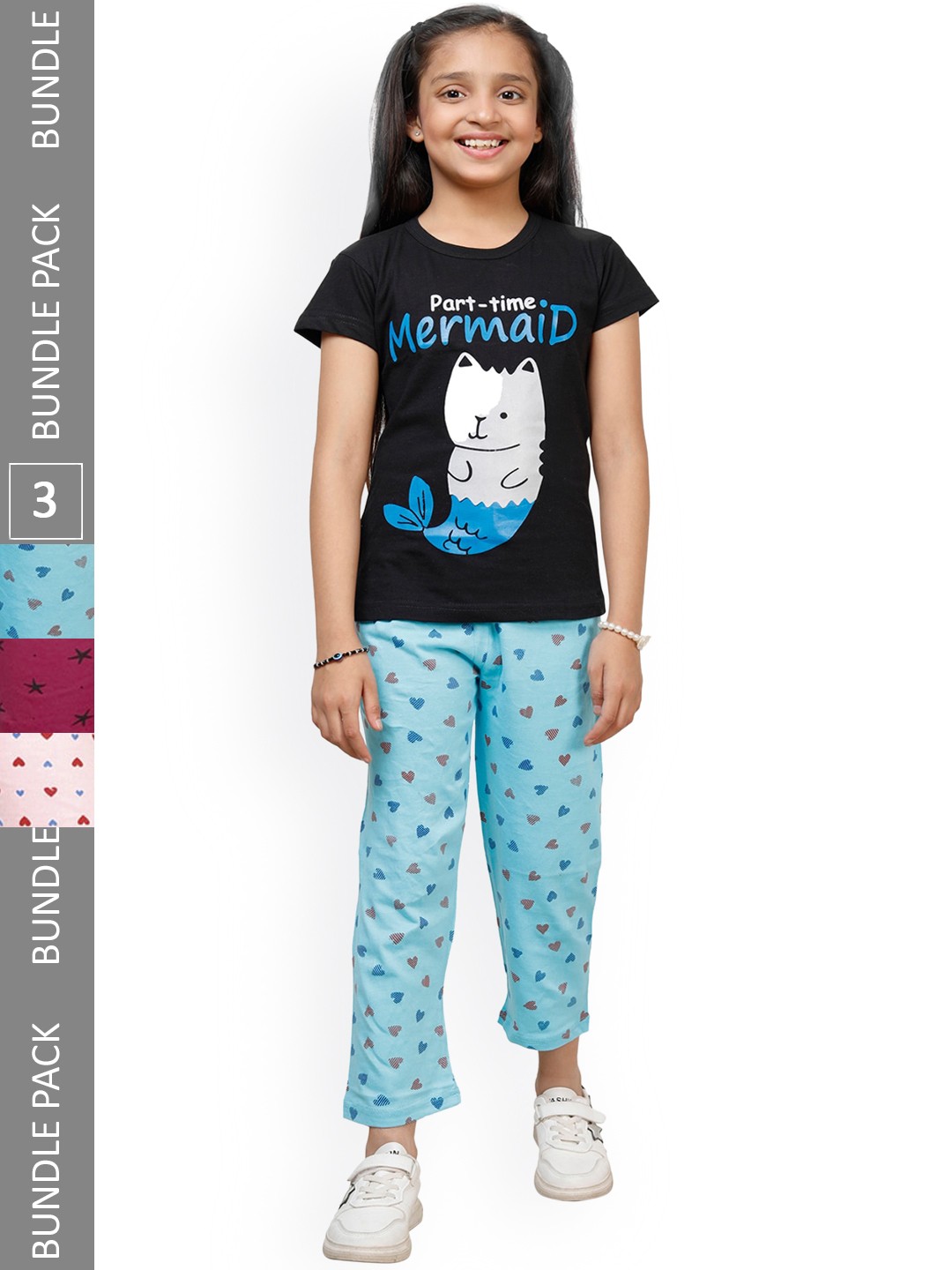

IndiWeaves Kids Girls Pack of 3 Pure Cotton Printed Lounge Pants, Blue