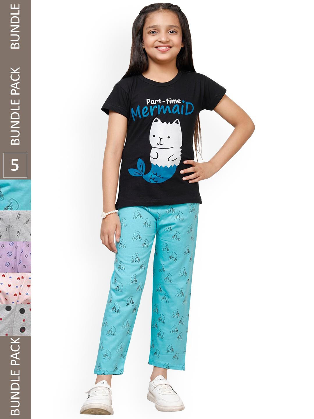 

IndiWeaves Kids Girls Pack of 5 Printed Cotton Lounge Pants, Blue