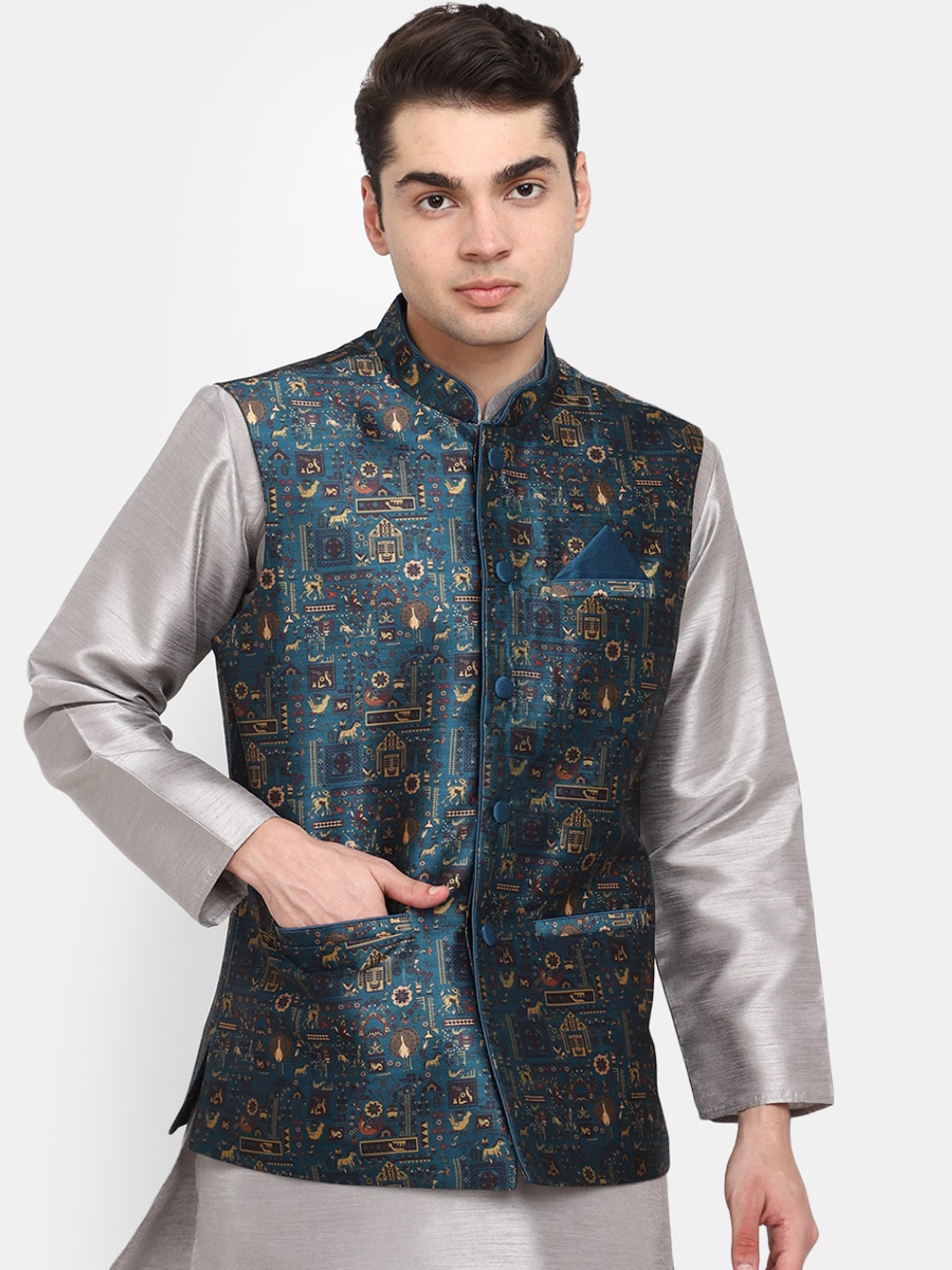 

V-Mart Printed Mandarin Collar Nehru Jacket, Green