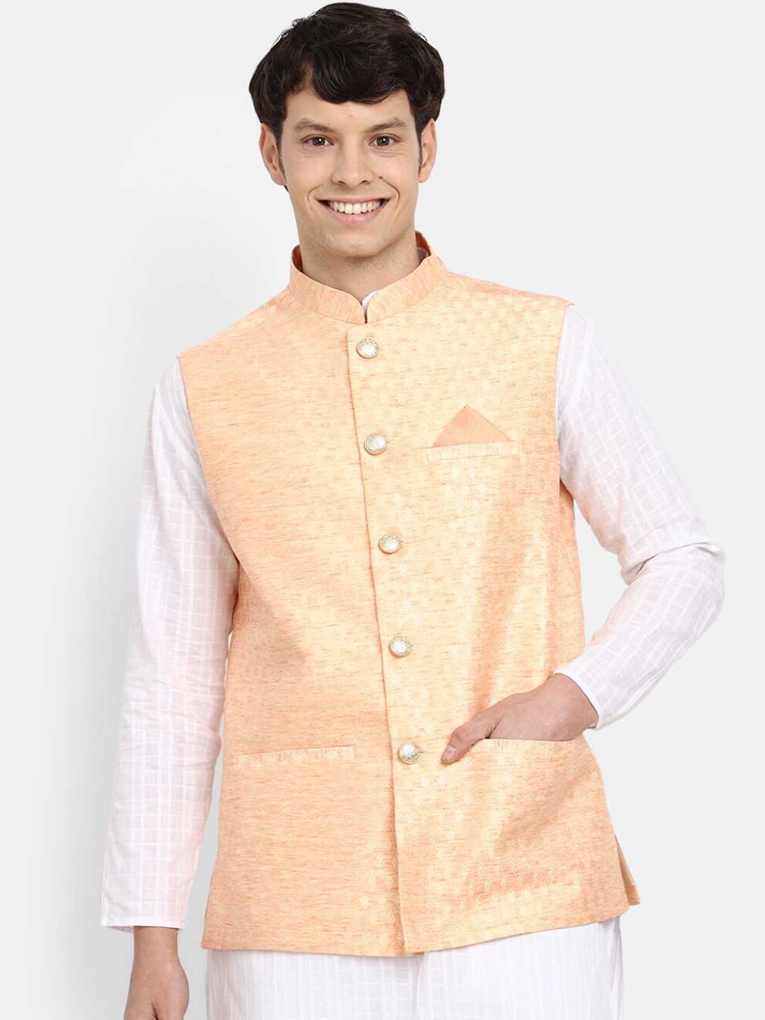 

V-Mart Woven Design Mandarin Collar Nehru Jacket, Orange