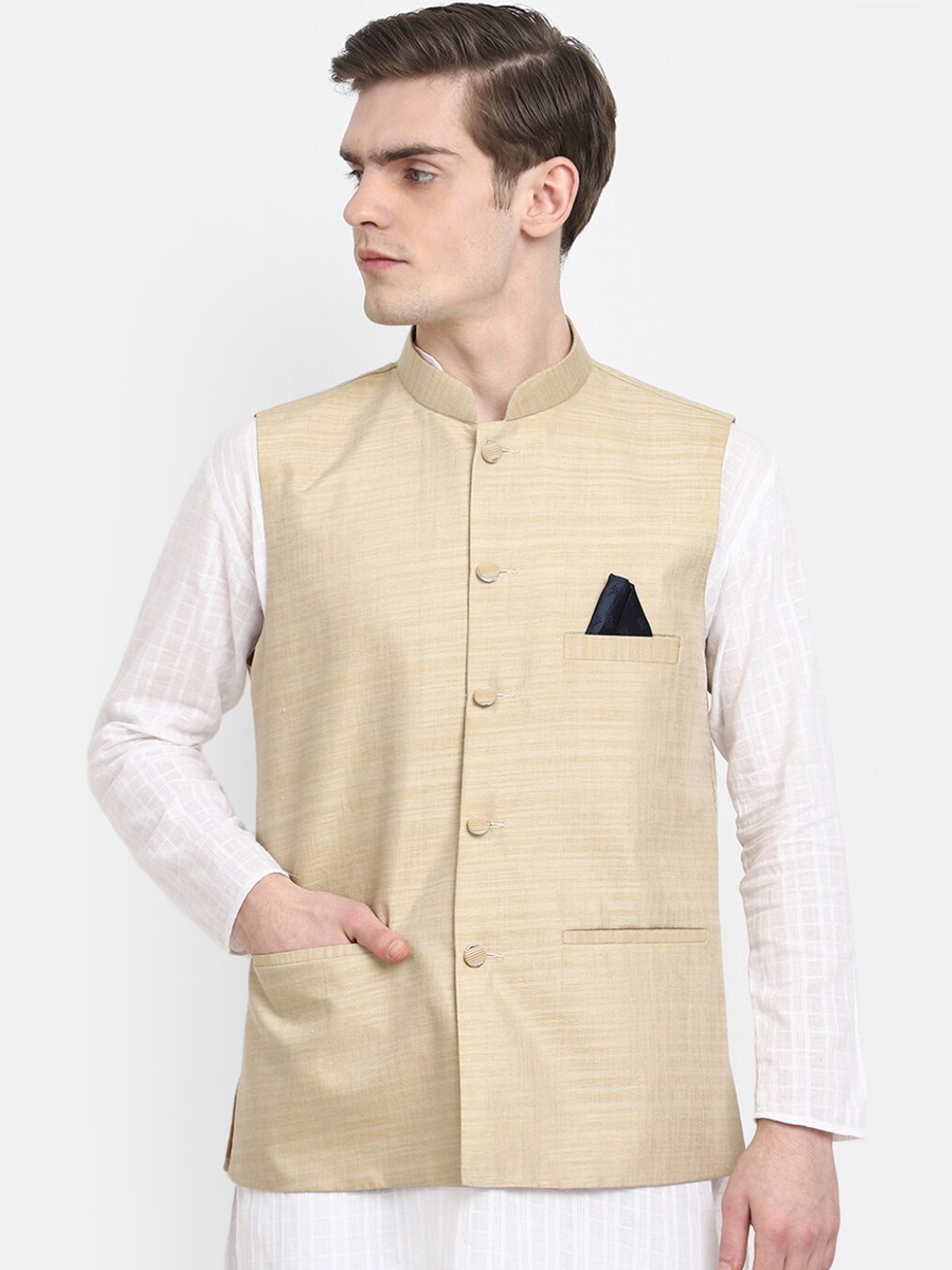 

V-Mart Woven Design Mandarin Collar Nehru Jacket, Grey