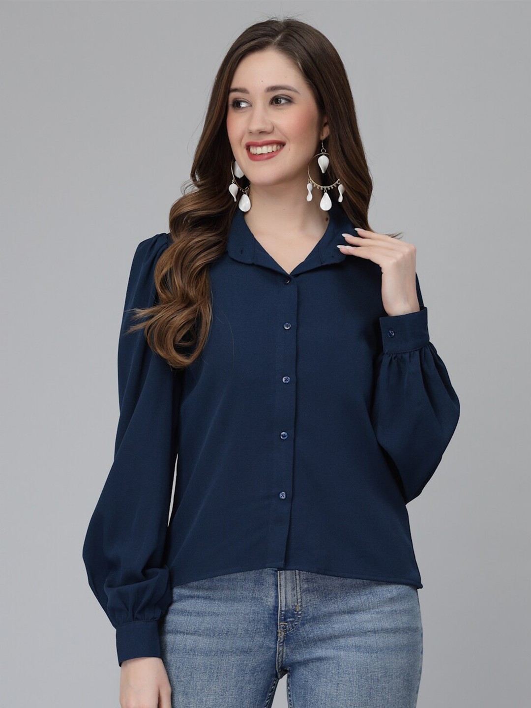 

Wool Trees Spread Collar Puffed Sleeves Casual Shirt, Navy blue