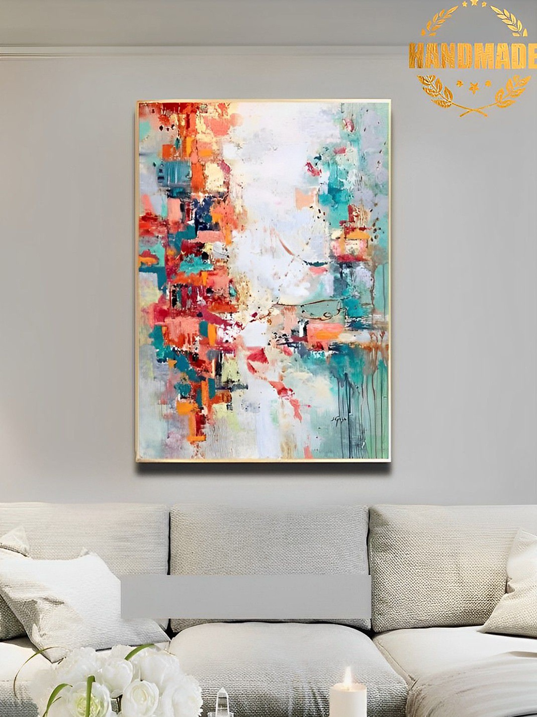 

THE HANDMADE FLAIR Orange & White Abstract Painting Framed Wall Art