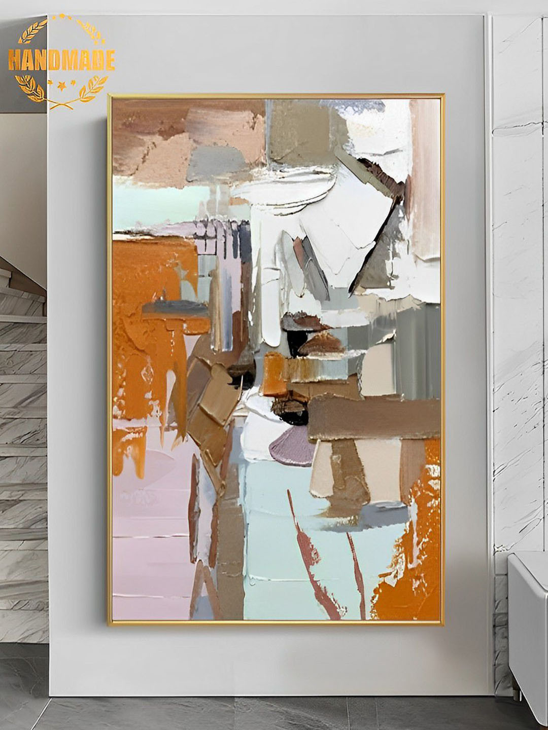 

THE HANDMADE FLAIR White & Brown Abstract Painting Framed Wall Art