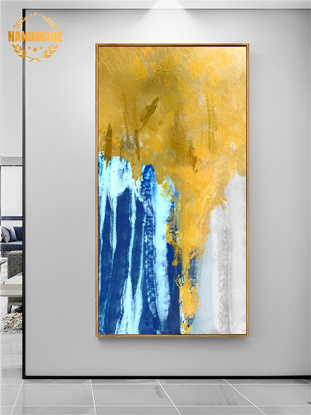 

THE HANDMADE FLAIR Mustard & Blue Abstract Painting Framed Wall Art