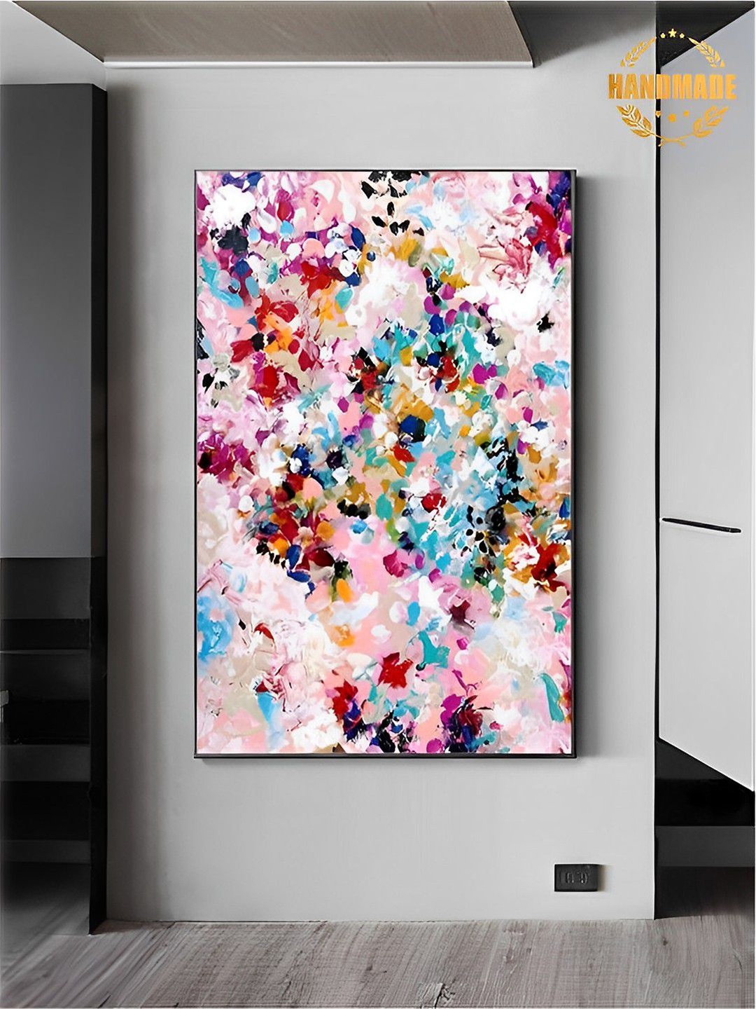 

THE HANDMADE FLAIR Pink & Blue Abstract Framed Wall Painting