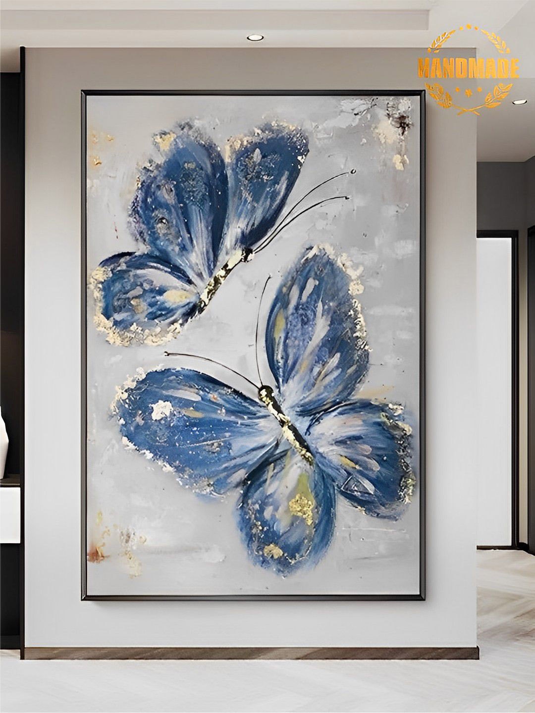 

THE HANDMADE FLAIR Blue & Grey Butterfly Painting Framed Wall Art