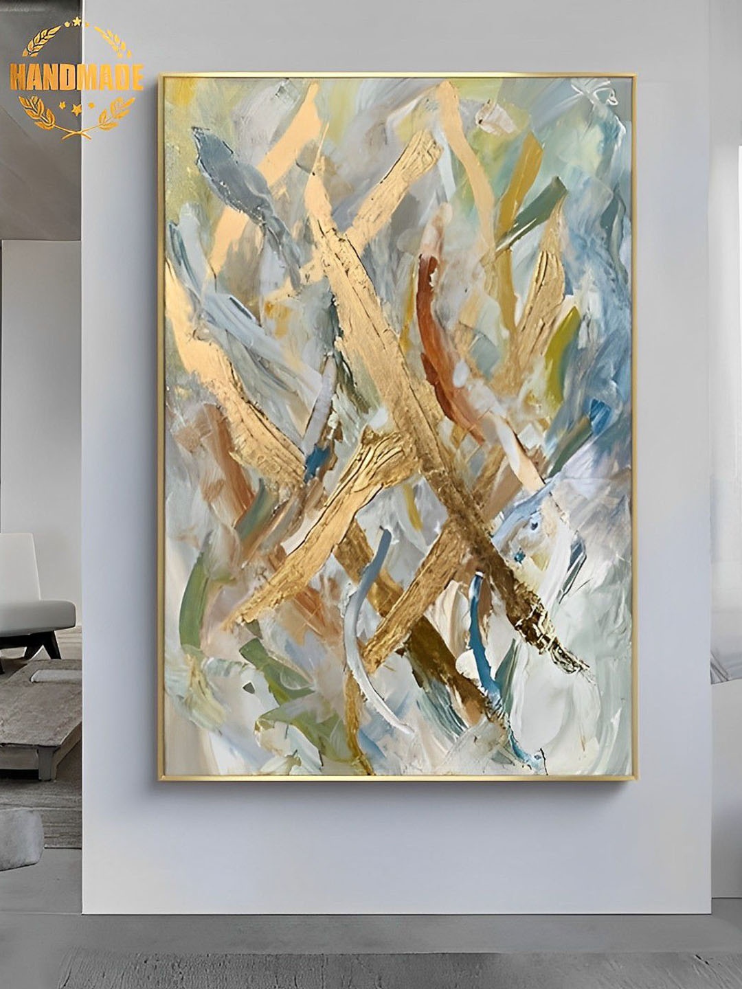 

THE HANDMADE FLAIR Mustard & Blue Abstract Printed Framed Wall Art