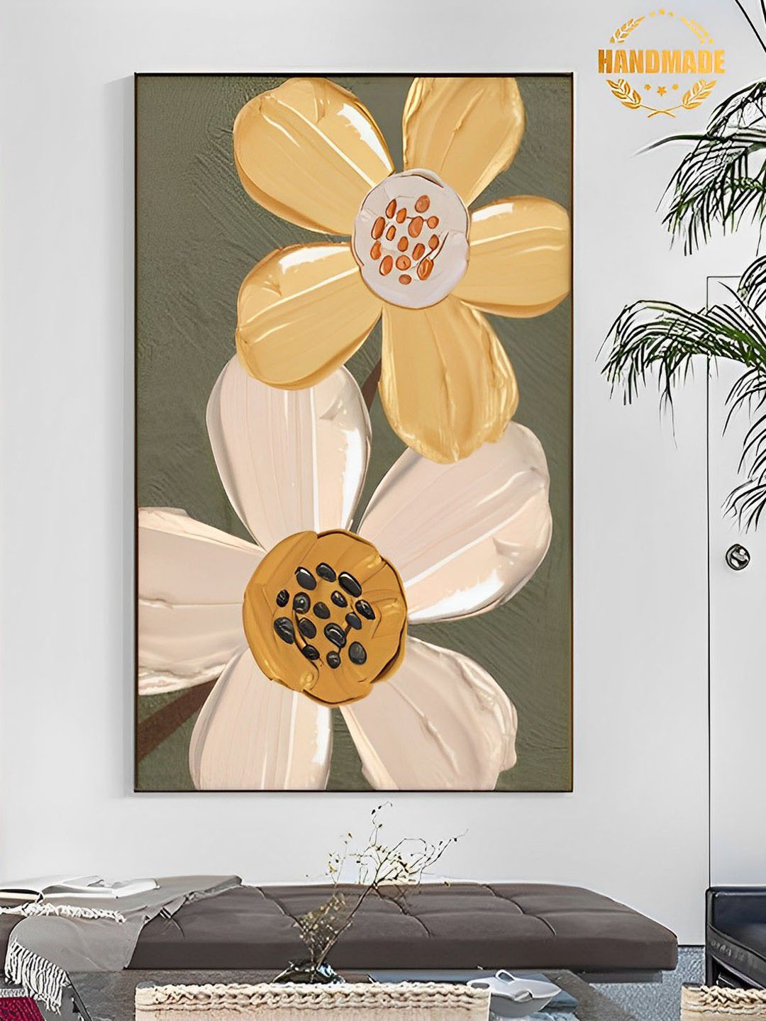 

THE HANDMADE FLAIR Yellow & Beige Floral Printed Framed Wall Art