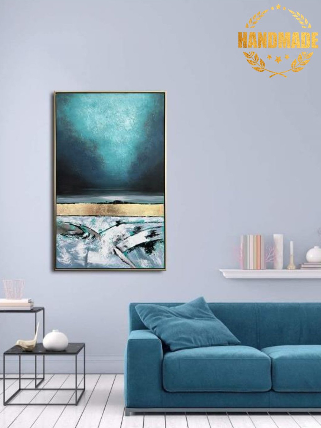 

THE HANDMADE FLAIR Green & Blue Abstract Painting Framed Wall Art