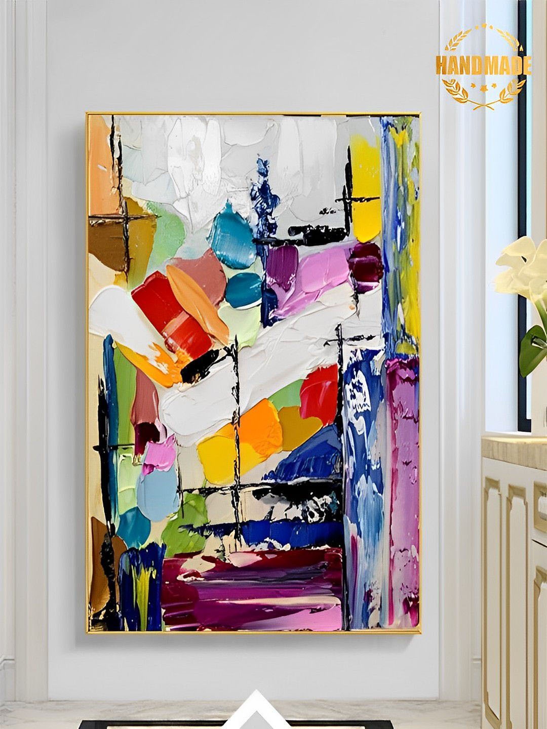 

THE HANDMADE FLAIR Multicoloured Abstract Painting Framed Wall Art, Multi