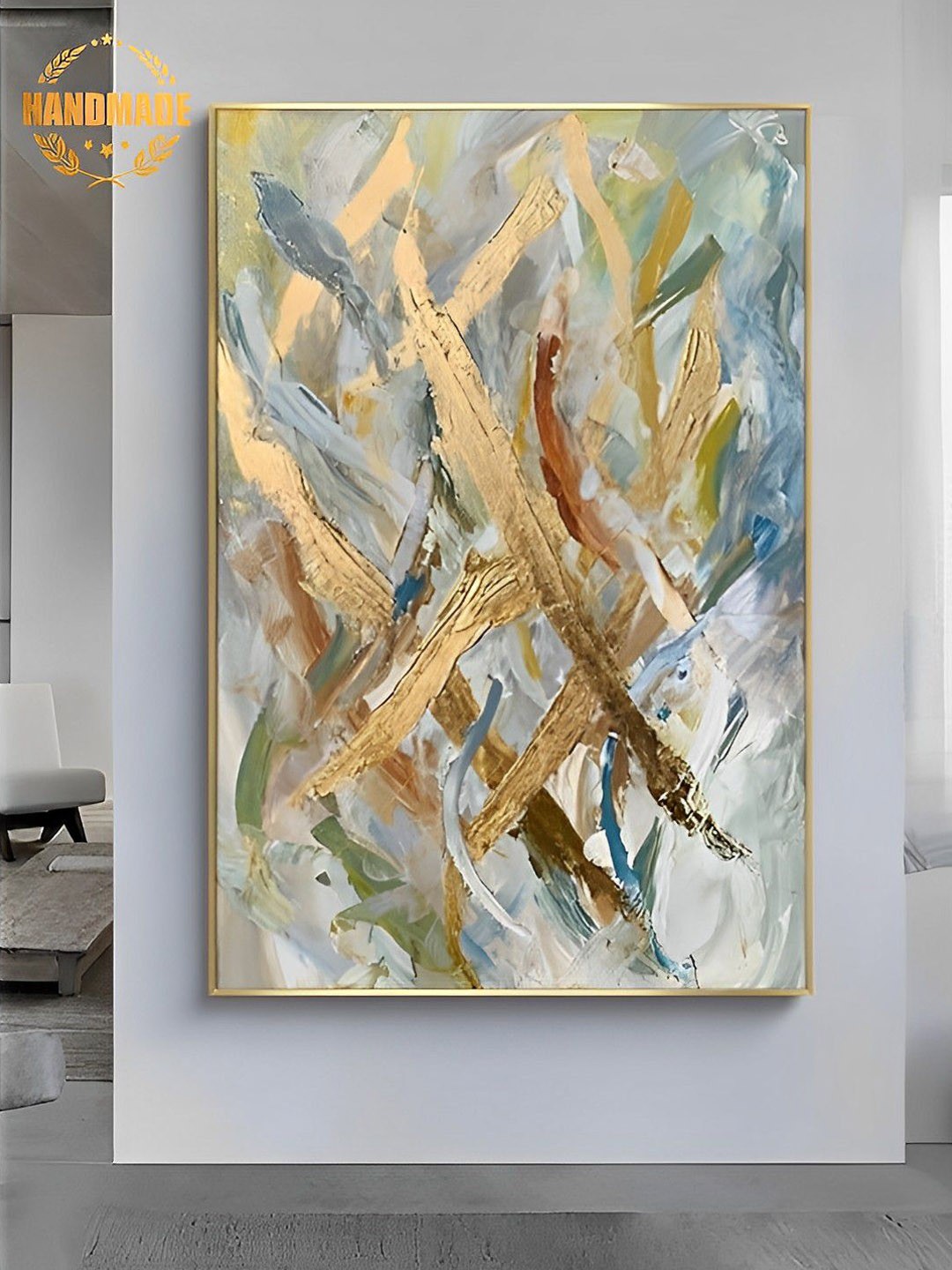 

THE HANDMADE FLAIR Beige & Blue Abstract Printed Framed Wall Art