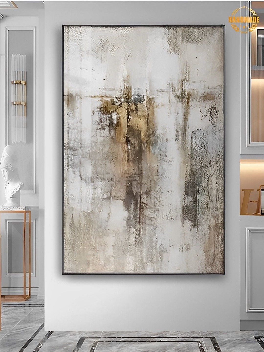 

THE HANDMADE FLAIR Beige & White Abstract Framed Hand-Painted Wall Art