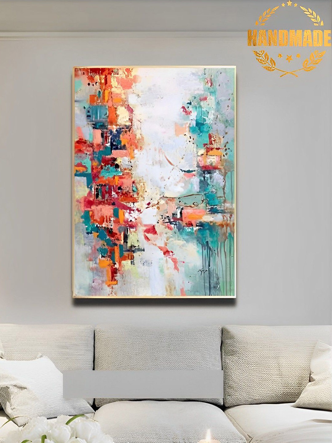 

THE HANDMADE FLAIR Orange & White Abstract Painted Framed Wall Art