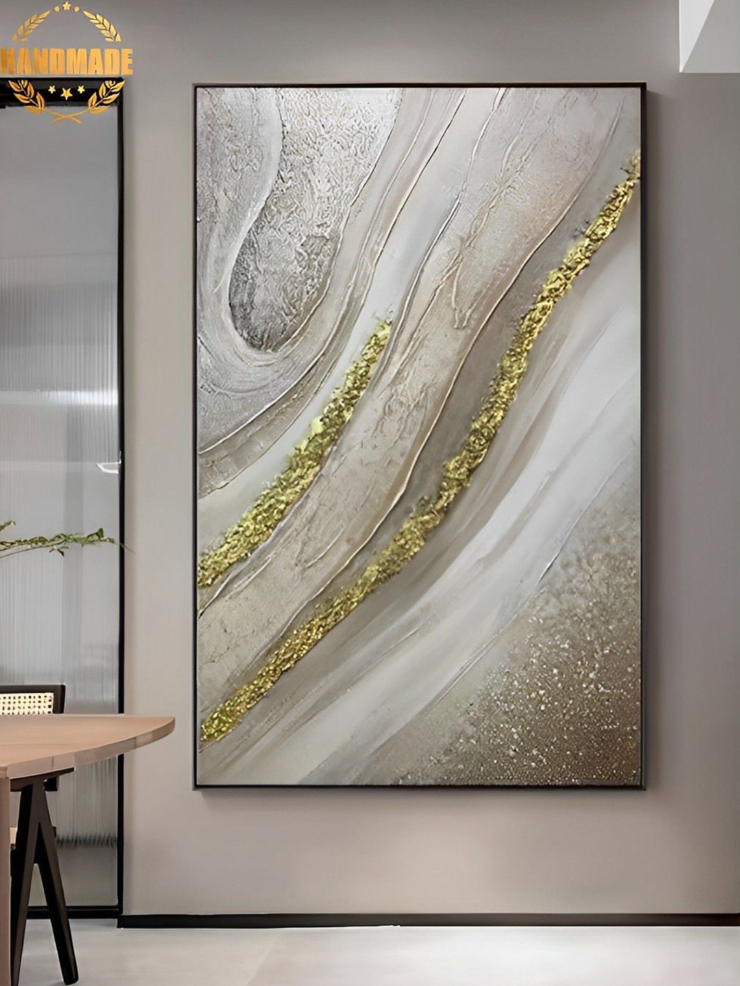 

THE HANDMADE FLAIR Grey & Gold Toned Abstract Painting Framed Wall Art