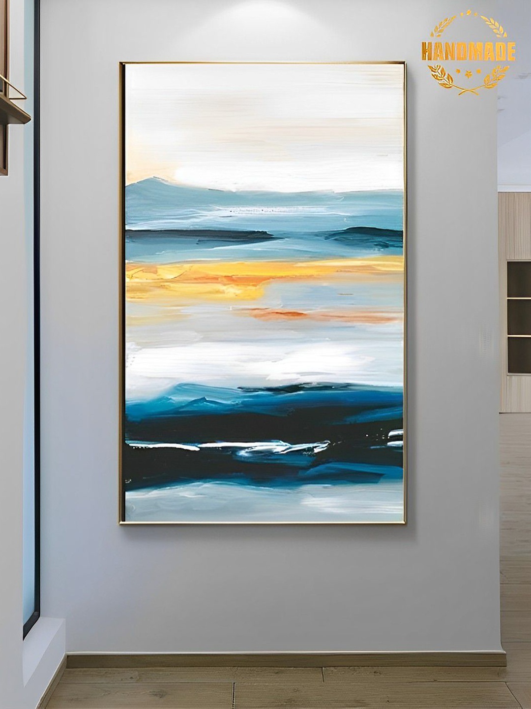 

THE HANDMADE FLAIR Blue & Yellow Abstract Painting Framed Wall Art, White