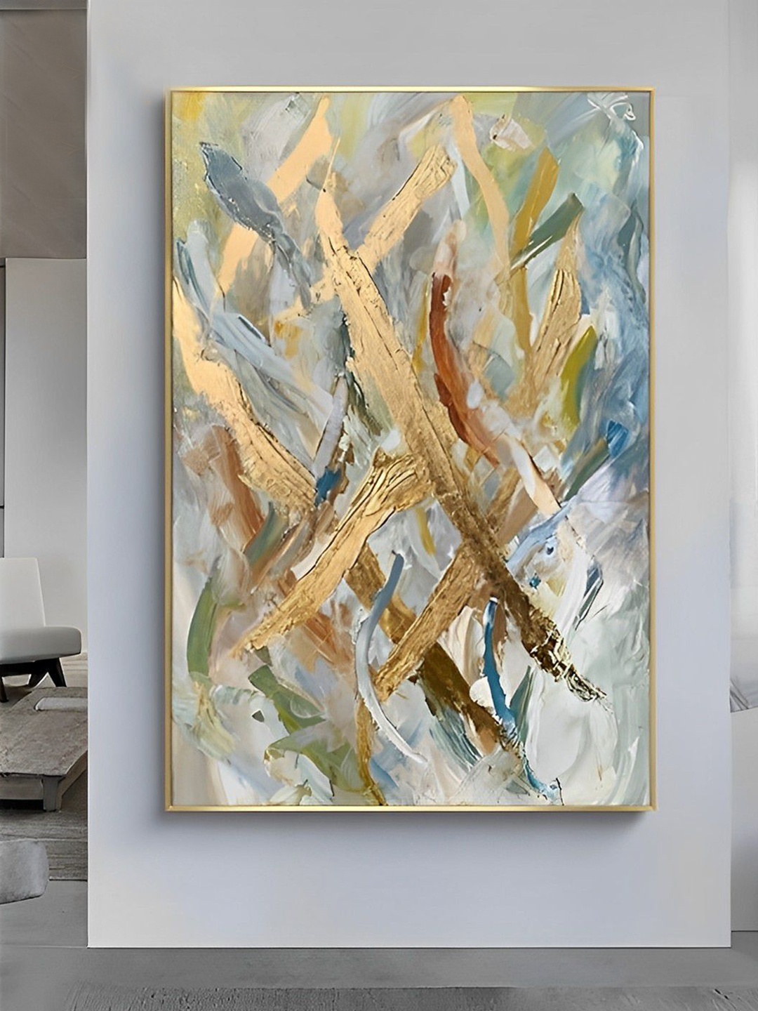 

THE HANDMADE FLAIR Grey & Yellow Abstract Painting Framed Wall Art